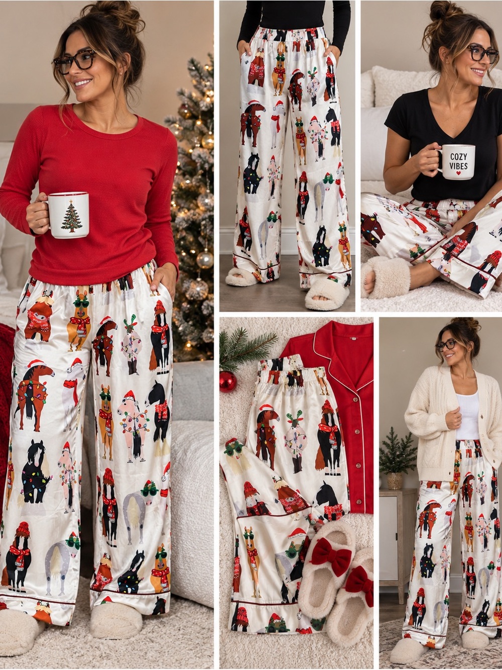 Women's Holiday Reindeer Print Wide-Leg Pajama Pants - White